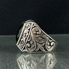 Green Emerald Stone 925 Solid Silver Hand Engraved Men Ring