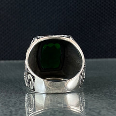 Green Emerald Stone 925 Solid Silver Hand Engraved Men Ring