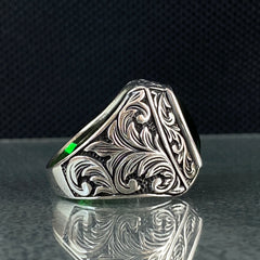 Green Emerald Stone 925 Solid Silver Hand Engraved Men Ring